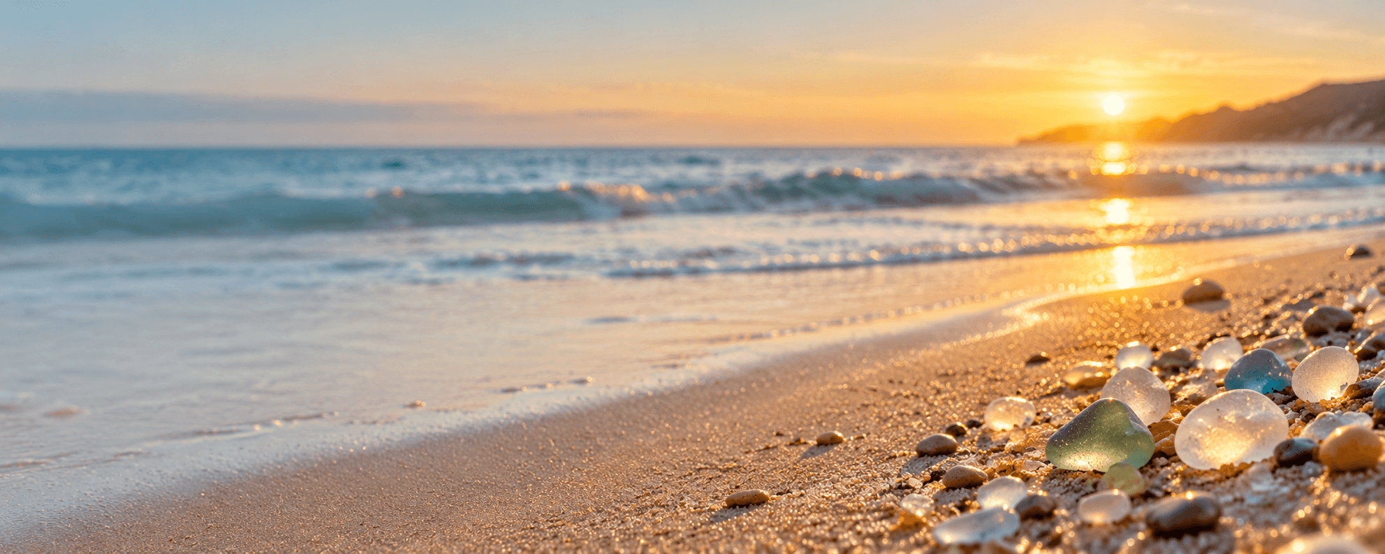 Sea glass resting on a peaceful coastal shoreline at sunset